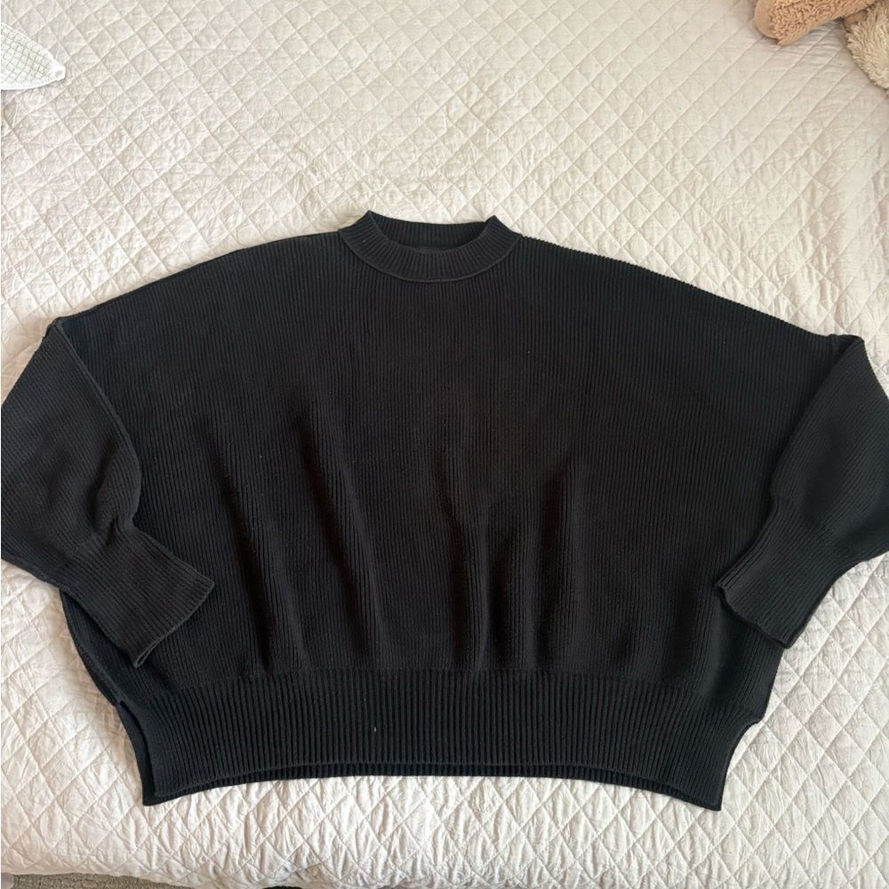 Free People Black Ribbed Knit Crew Sweater